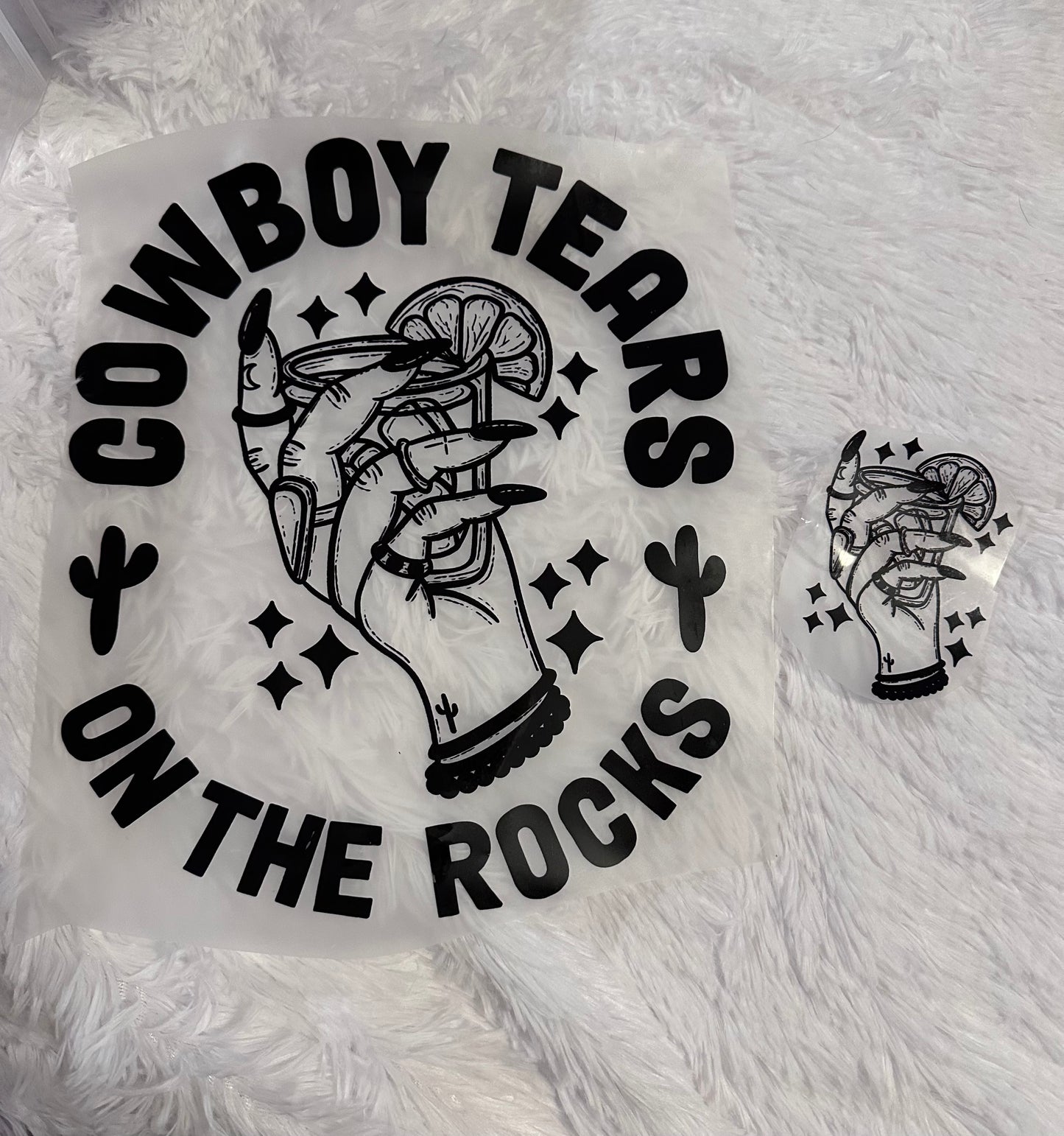 Cowboy tears on the rocks front + back image
