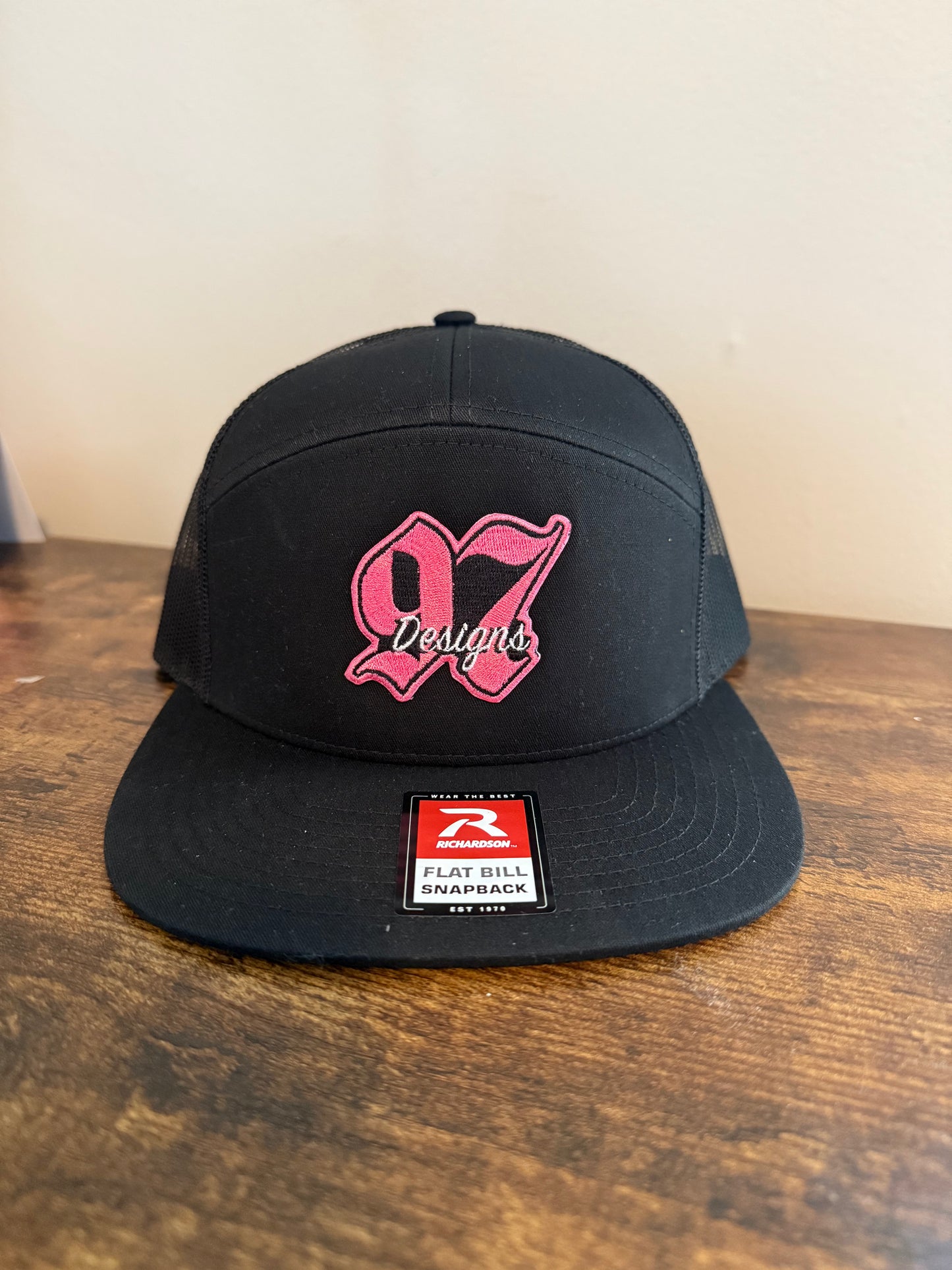 97 Black with pink logo R112 7 Panel Hat